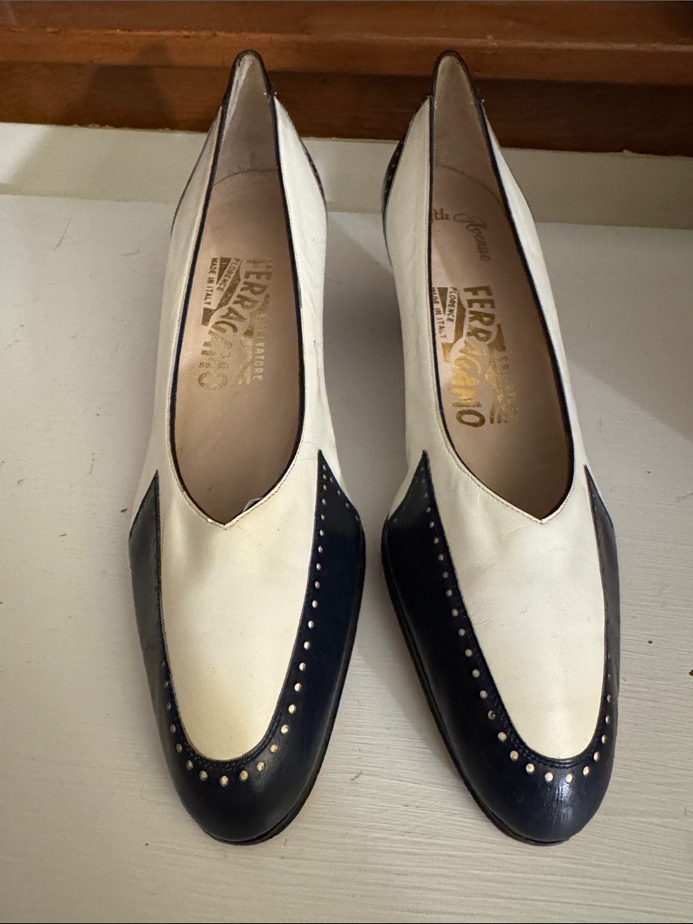 SALVATORE FERREGAMO Black & White Leather Vintage Heels